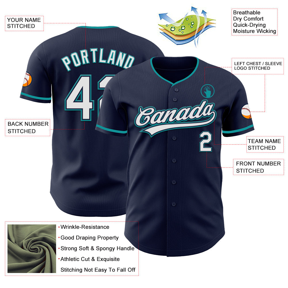 Custom Navy White-Teal Authentic Baseball Jersey view 3
