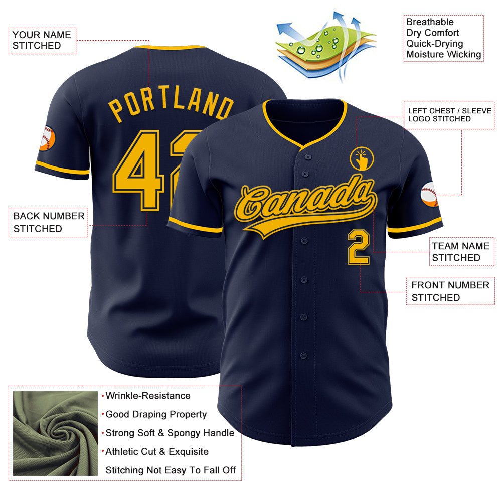 Custom Navy Gold Authentic Baseball Jersey view 3