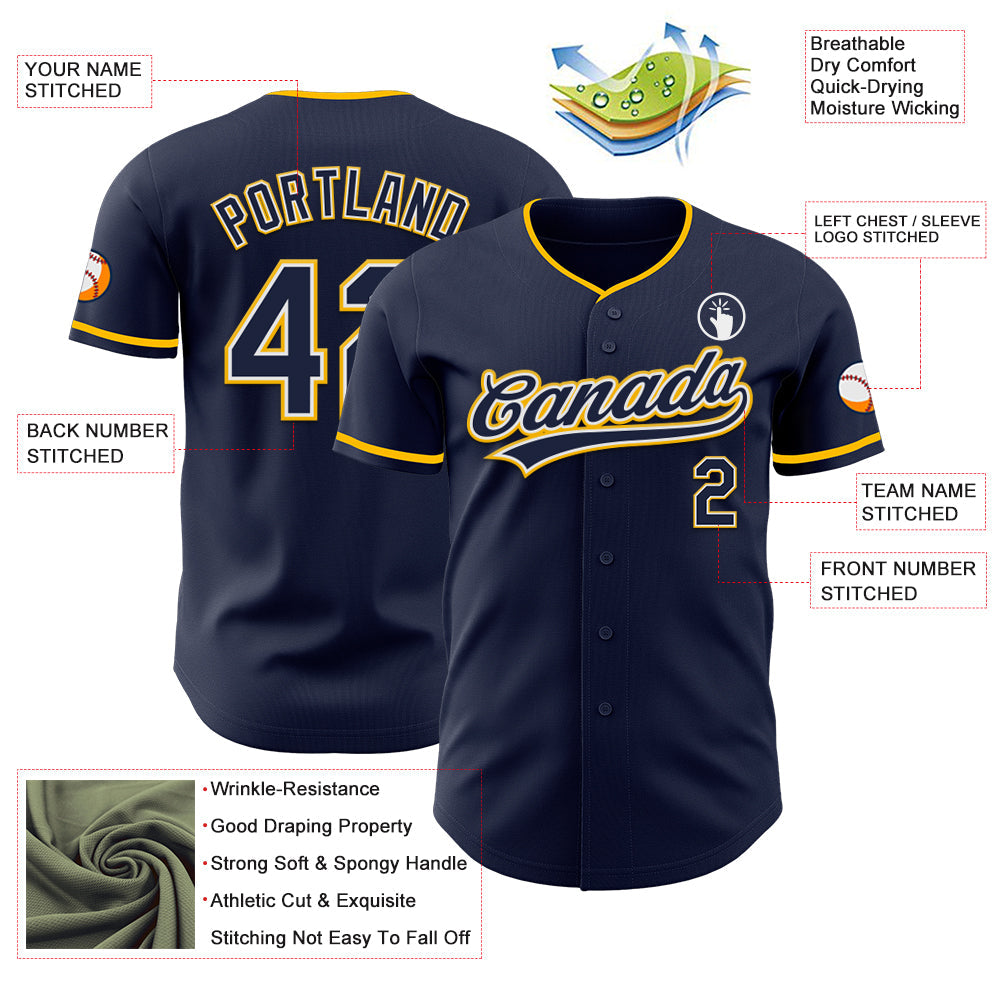 Custom Navy White-Gold Authentic Baseball Jersey view 3