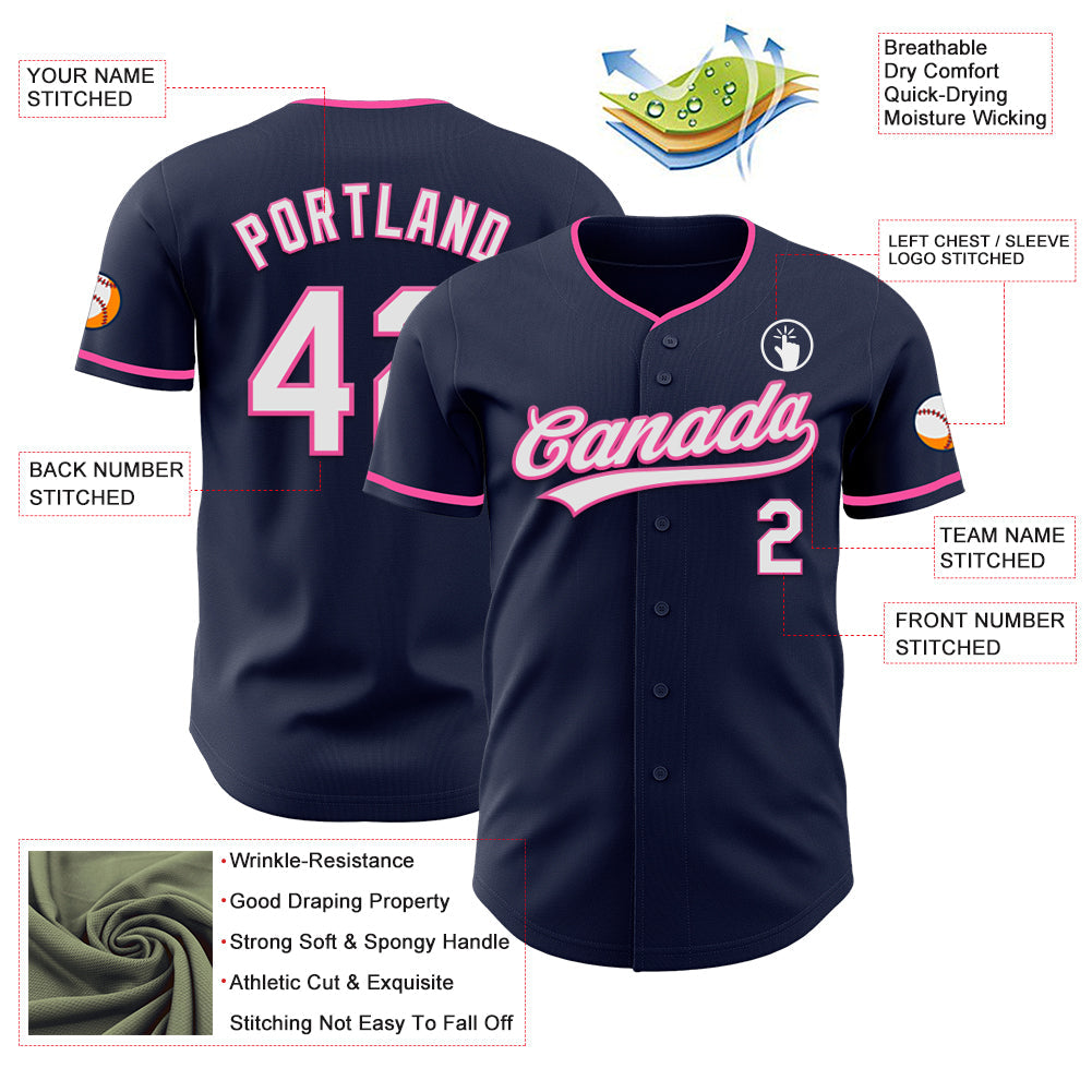 Custom Navy White-Pink Authentic Baseball Jersey view 3
