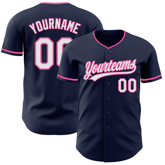 Custom Navy White-Pink Authentic Baseball Jersey - Main View