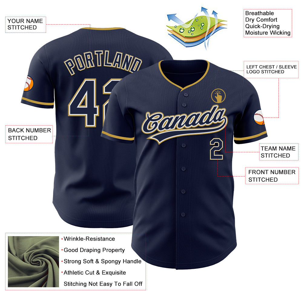 Custom Navy White-Old Gold Authentic Baseball Jersey view 3