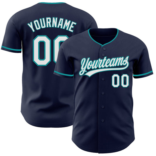 Custom Navy White-Teal Authentic Baseball Jersey - Main View