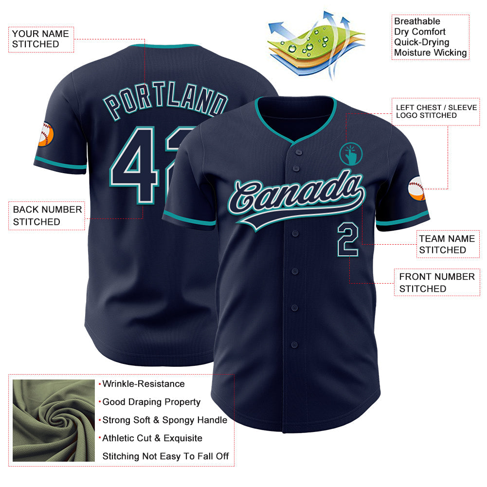 Custom Navy White-Teal Authentic Baseball Jersey view 3