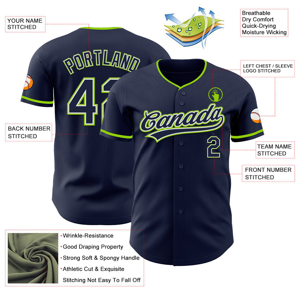 Custom Navy White-Neon Green Authentic Baseball Jersey view 3
