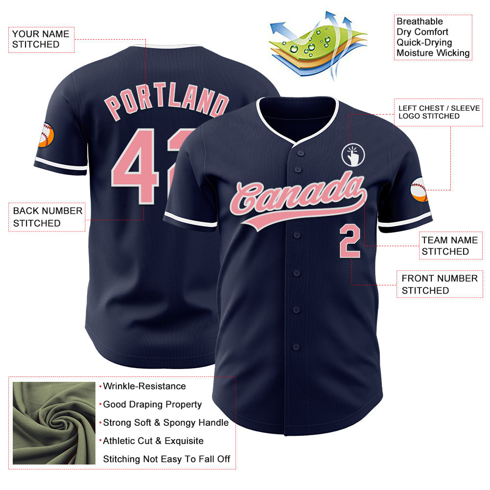 Custom Navy Medium Pink-White Authentic Baseball Jersey view 3