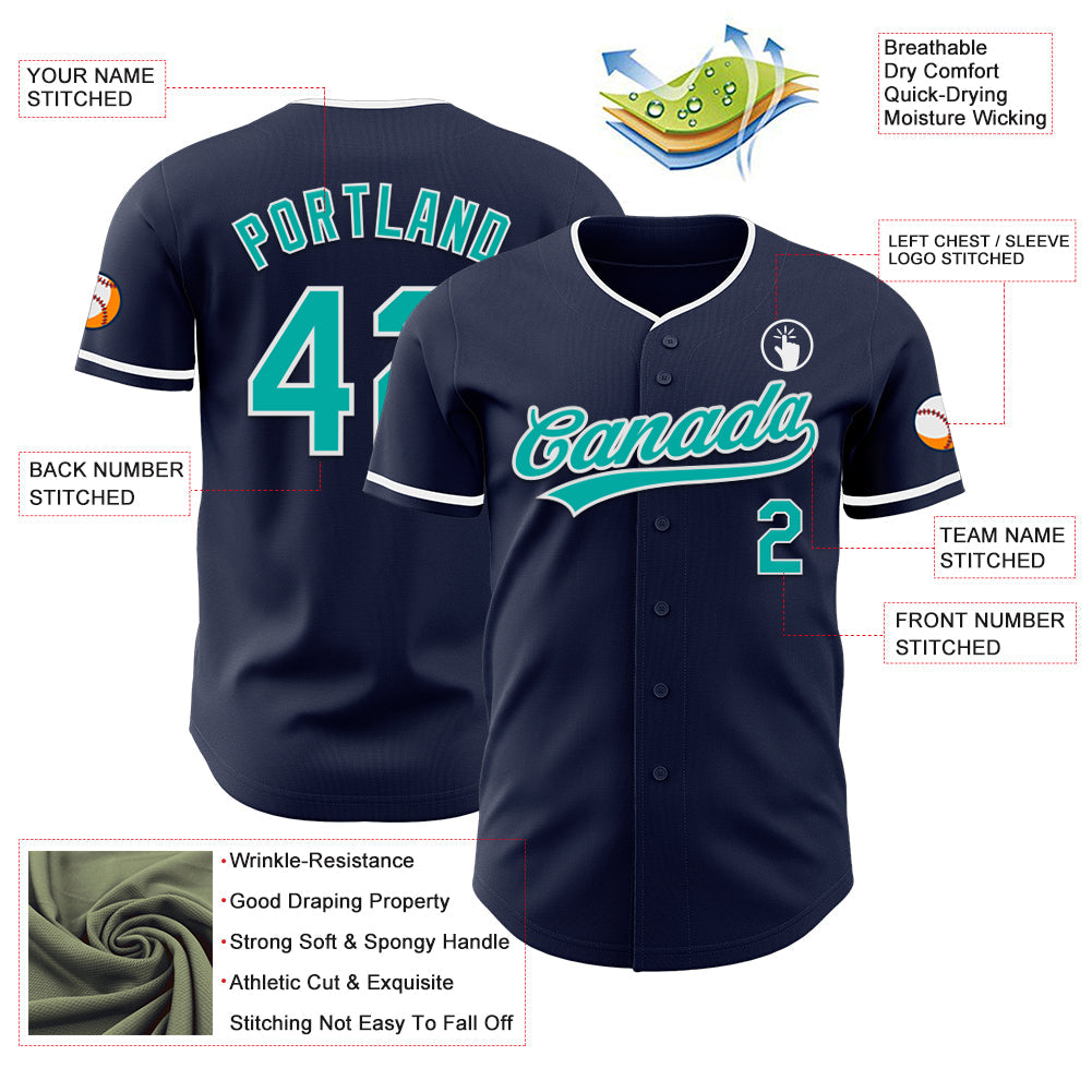 Custom Navy Aqua-White Authentic Baseball Jersey view 3