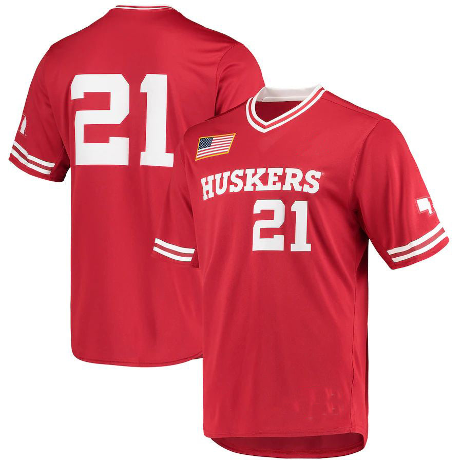 #21 N.Huskers Replica V-Neck Baseball Jersey Scarlet Stitched American College Jerseys - Main View