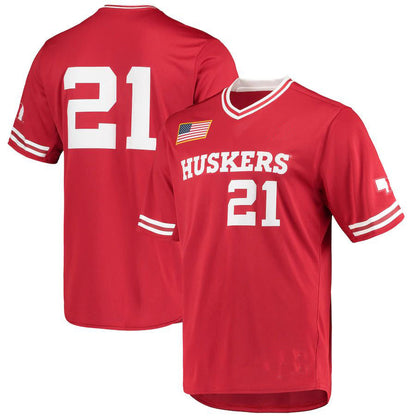 #21 N.Huskers Replica V-Neck Baseball Jersey Scarlet Stitched American College Jerseys - Main View