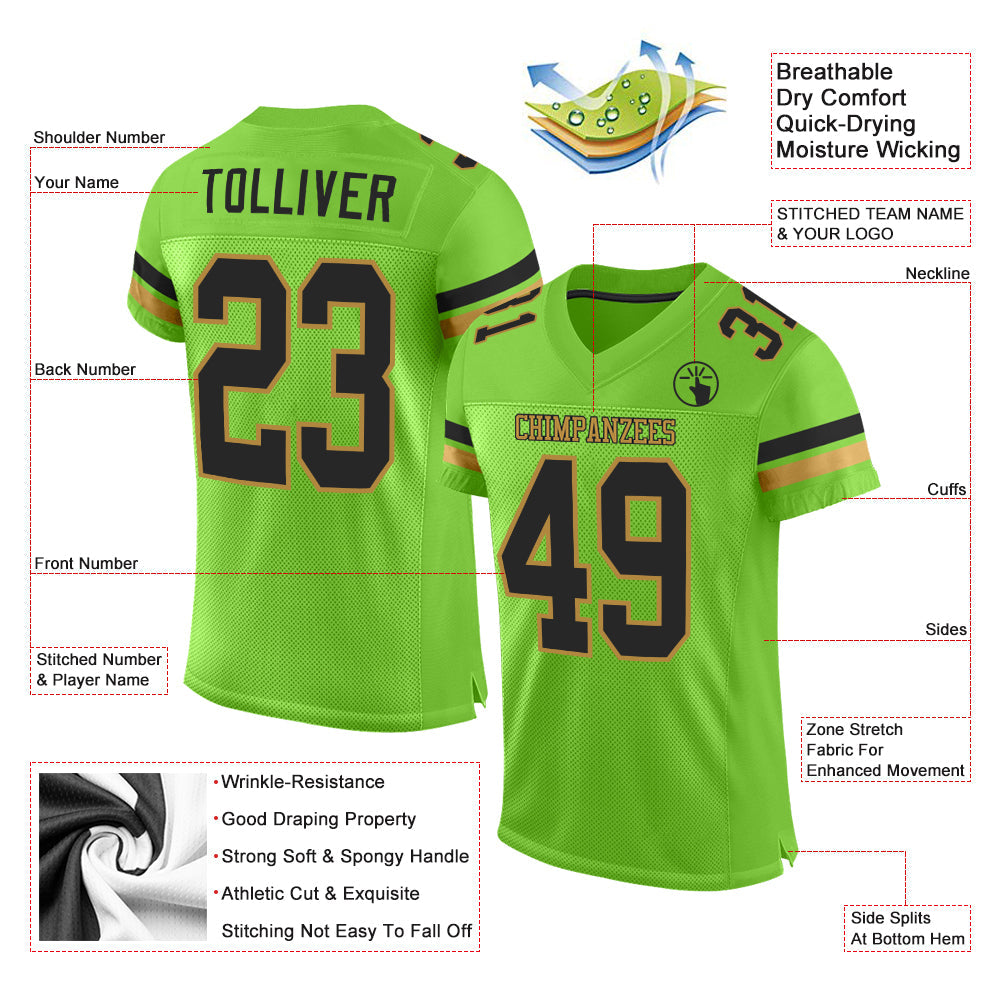 Custom Neon Green Black-Old Gold Mesh Authentic Football Jersey view 2