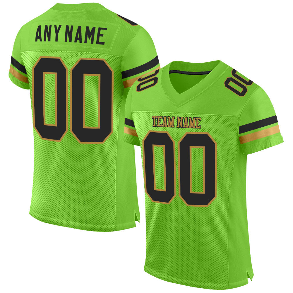 Custom Neon Green Black-Old Gold Mesh Authentic Football Jersey - Main View