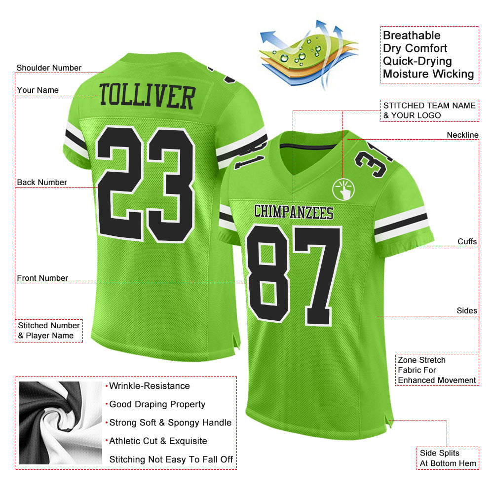 Custom Neon Green Black-White Mesh Authentic Football Jersey view 2