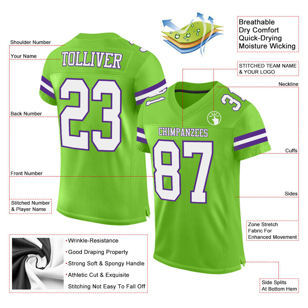 Custom Neon Green White-Purple Mesh Authentic Football Jersey view 2