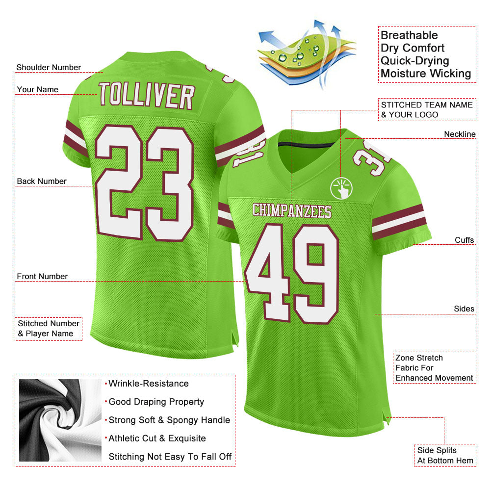 Custom Neon Green White-Burgundy Mesh Authentic Football Jersey view 2