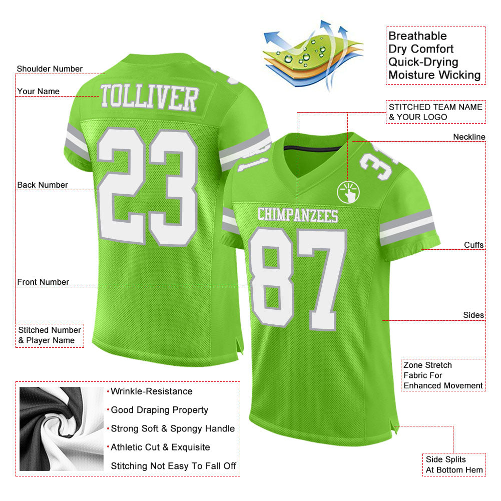 Custom Neon Green White-Gray Mesh Authentic Football Jersey view 2