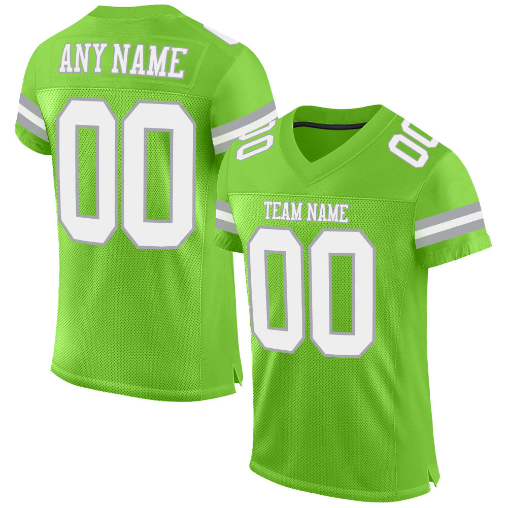 Custom Neon Green White-Gray Mesh Authentic Football Jersey - Main View