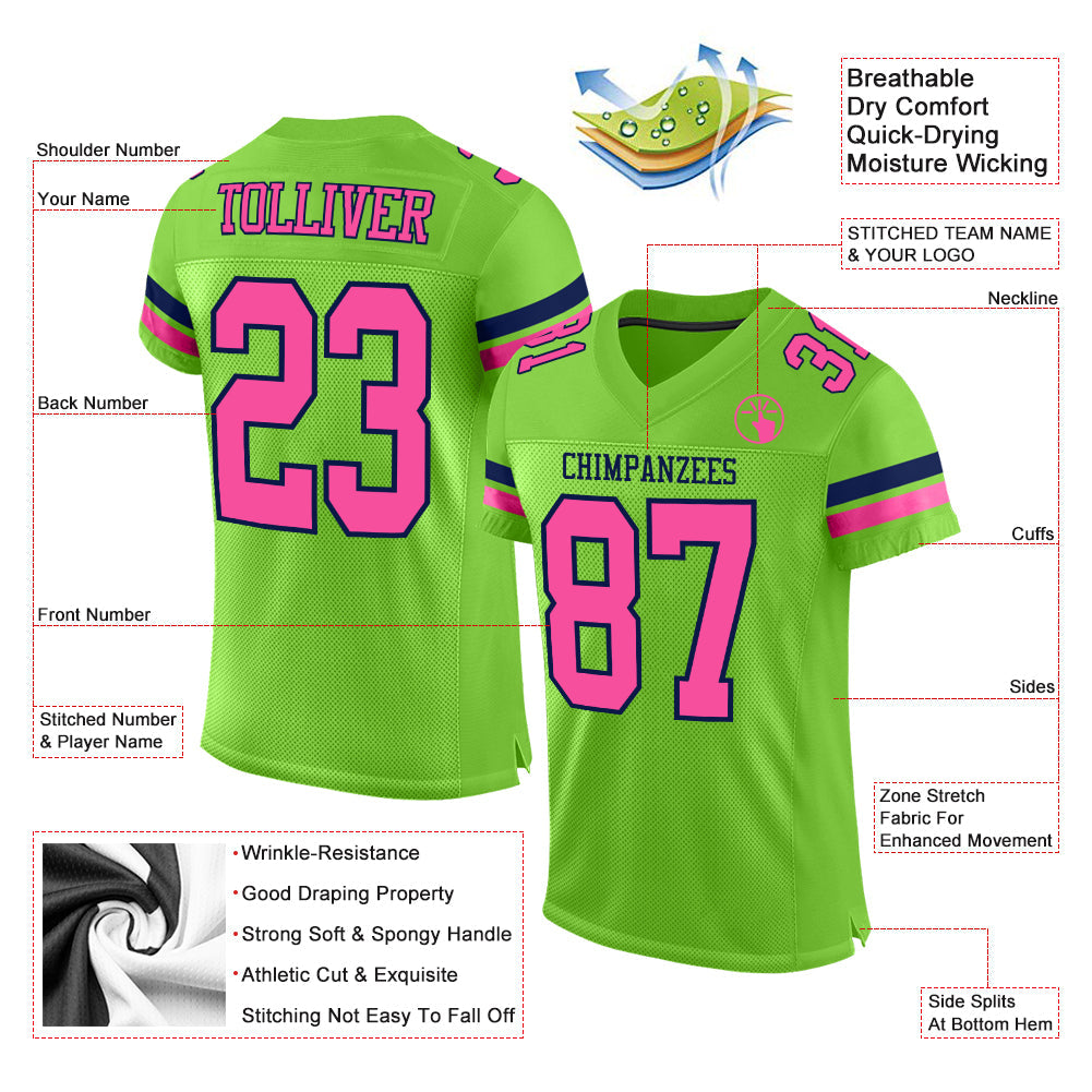 Custom Neon Green Pink-Navy Mesh Authentic Football Jersey view 2