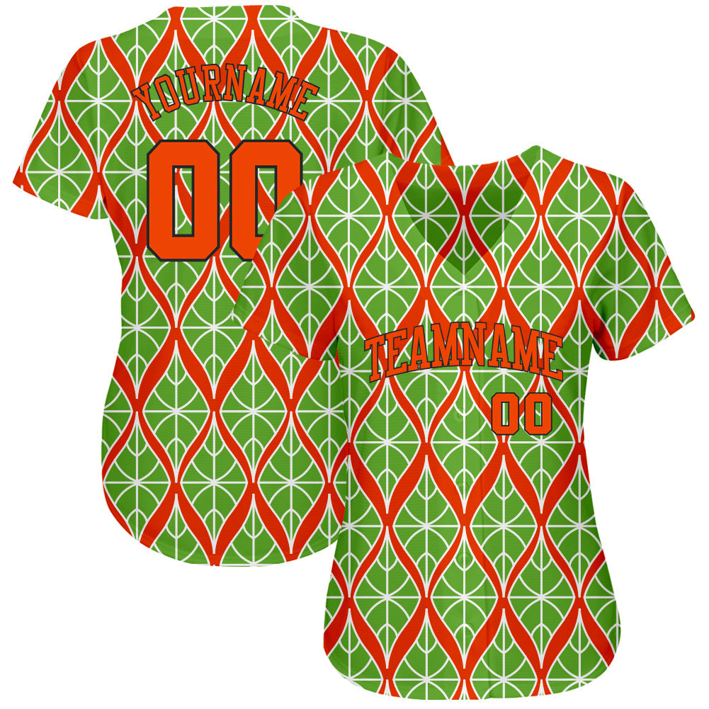Custom Neon Green Orange-Black 3D Pattern Design Authentic Baseball Jersey view 2