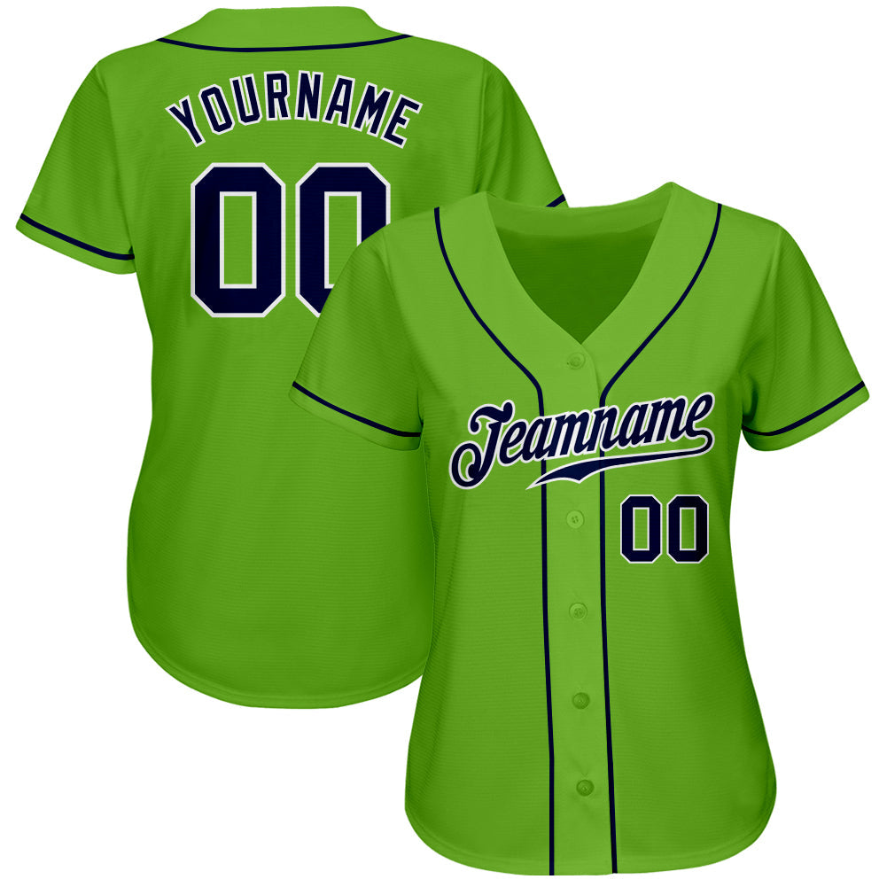 Custom Neon Green Navy-White Authentic Baseball Jersey view 2