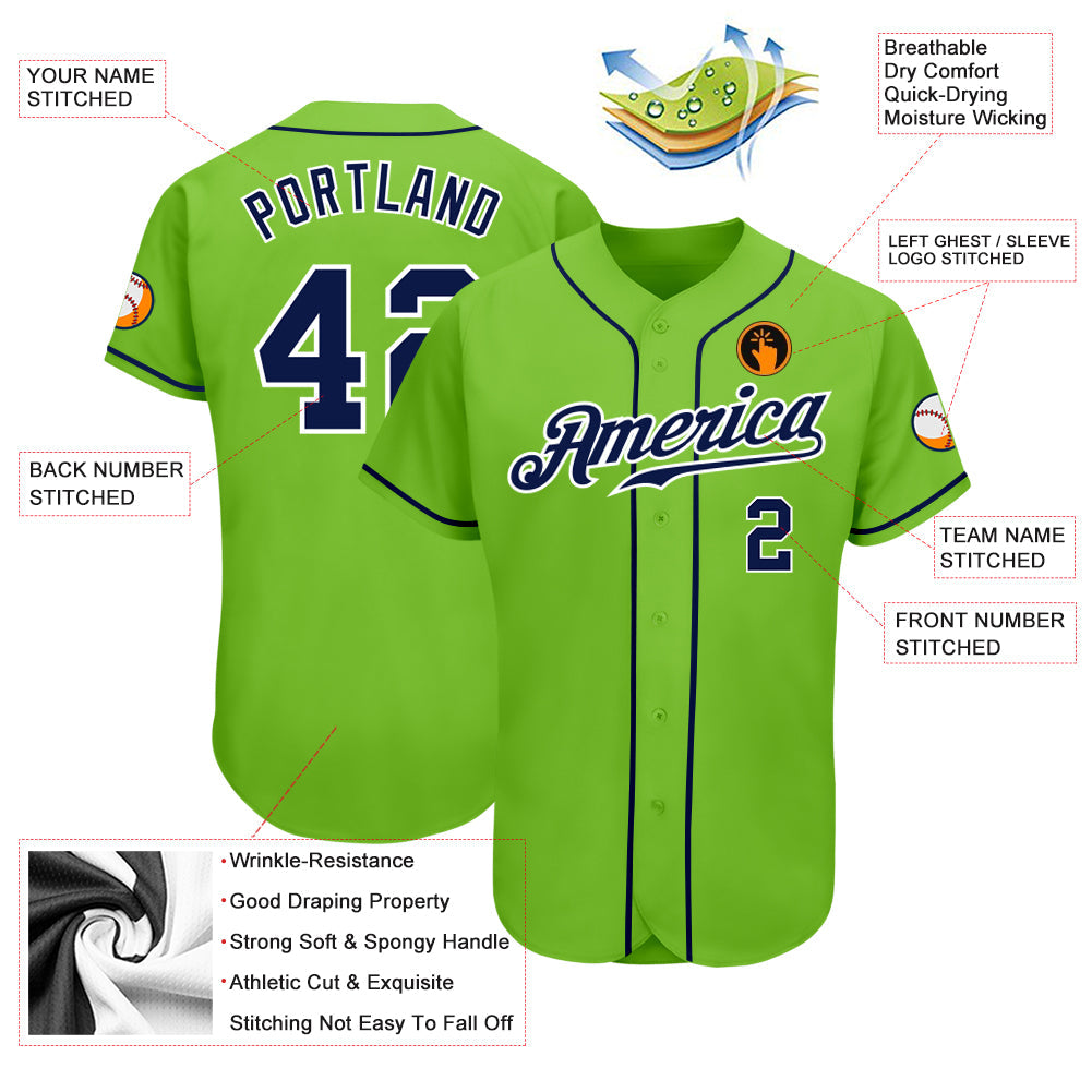 Custom Neon Green Navy-White Authentic Baseball Jersey view 3