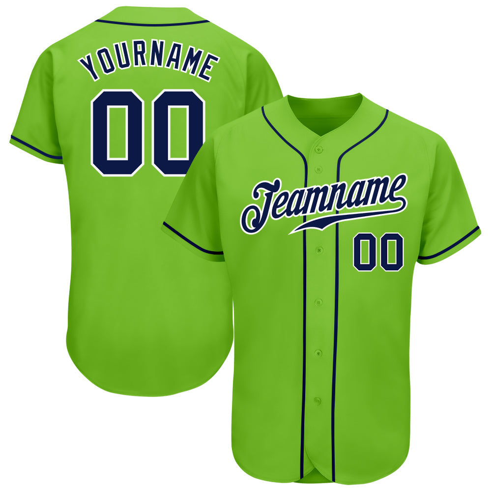 Custom Neon Green Navy-White Authentic Baseball Jersey - Main View