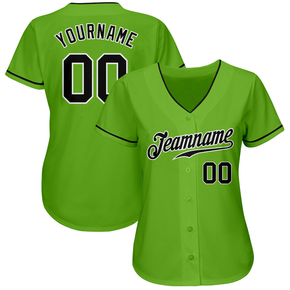 Custom Neon Green Black-White Authentic Baseball Jersey view 2