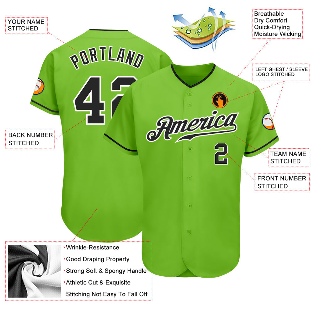 Custom Neon Green Black-White Authentic Baseball Jersey view 3