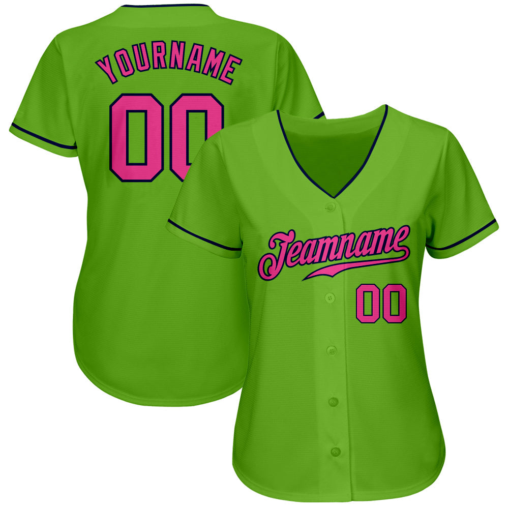 Custom Neon Green Pink-Navy Authentic Baseball Jersey view 3