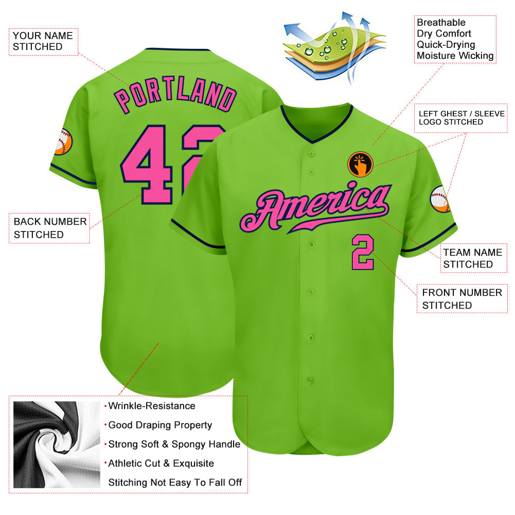 Custom Neon Green Pink-Navy Authentic Baseball Jersey view 4