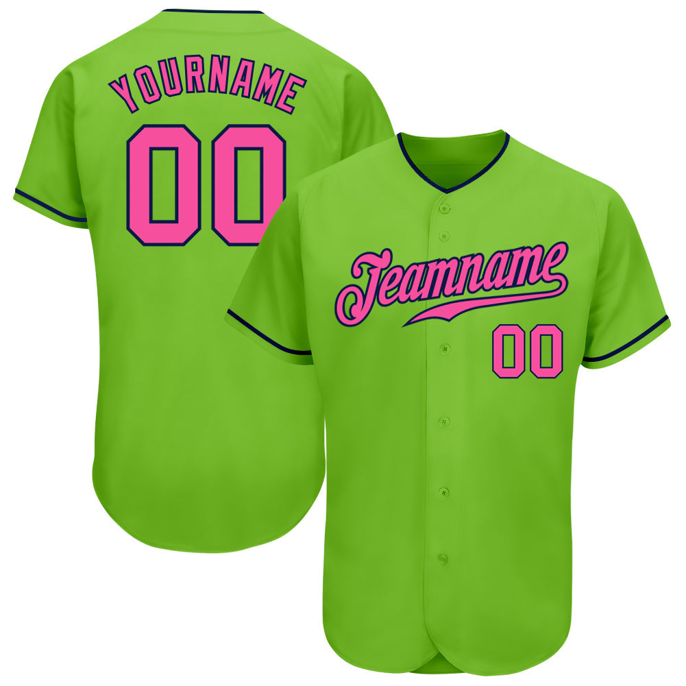 Custom Neon Green Pink-Navy Authentic Baseball Jersey - Main View