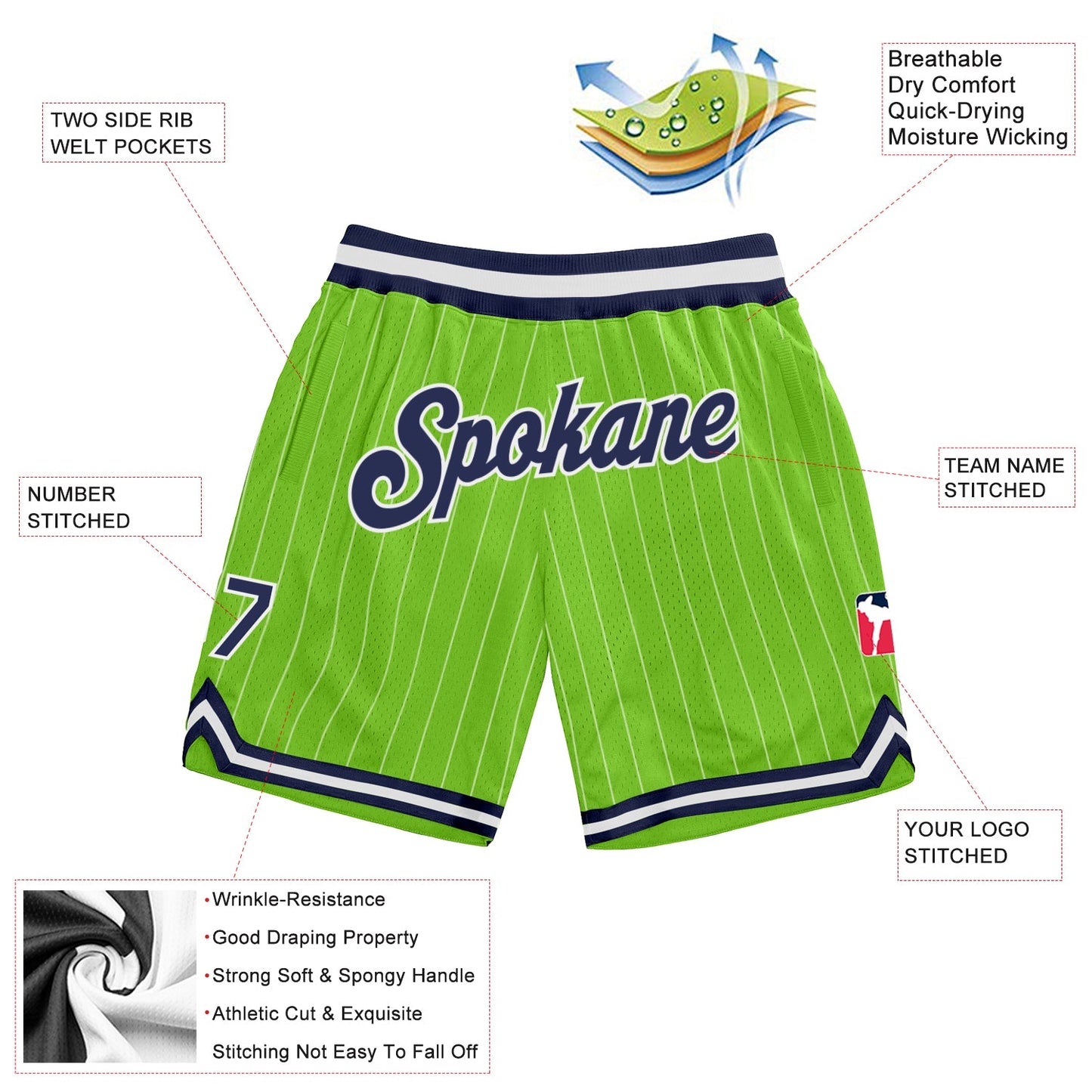 Custom Neon Green White Pinstripe Navy-White Authentic Basketball Shorts view 2