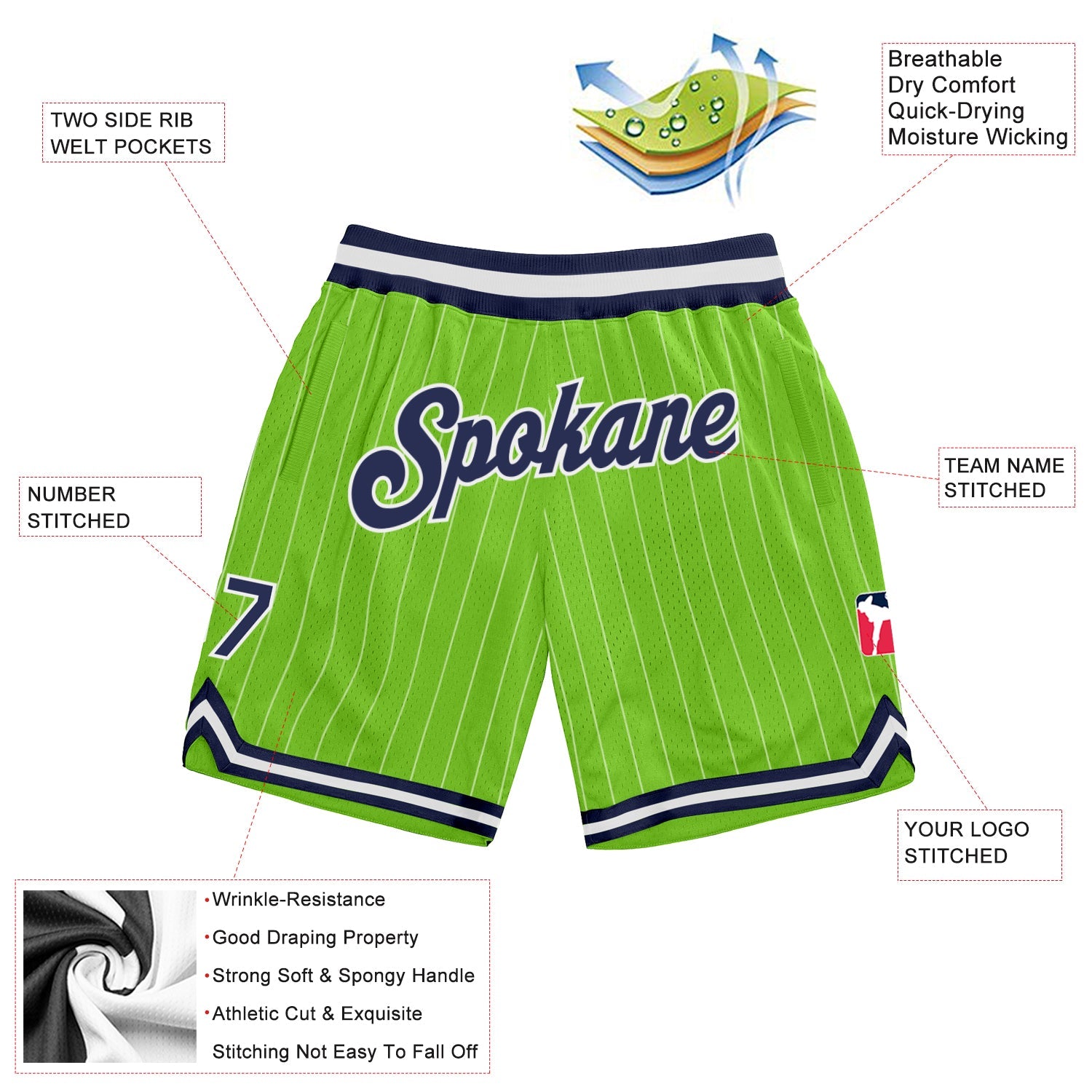 Custom Neon Green White Pinstripe Navy-White Authentic Basketball Shorts view 2