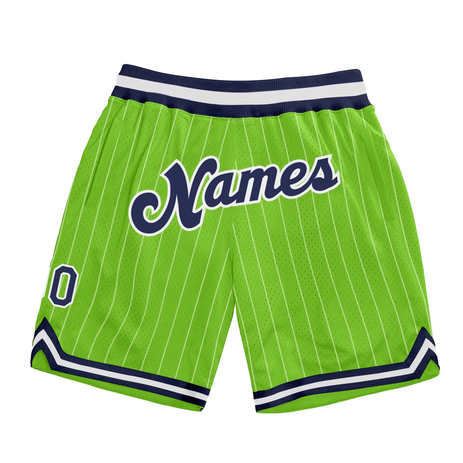 Custom Neon Green White Pinstripe Navy-White Authentic Basketball Shorts - Main View