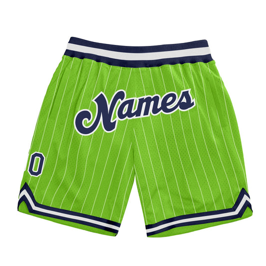 Custom Neon Green White Pinstripe Navy-White Authentic Basketball Shorts - Main View