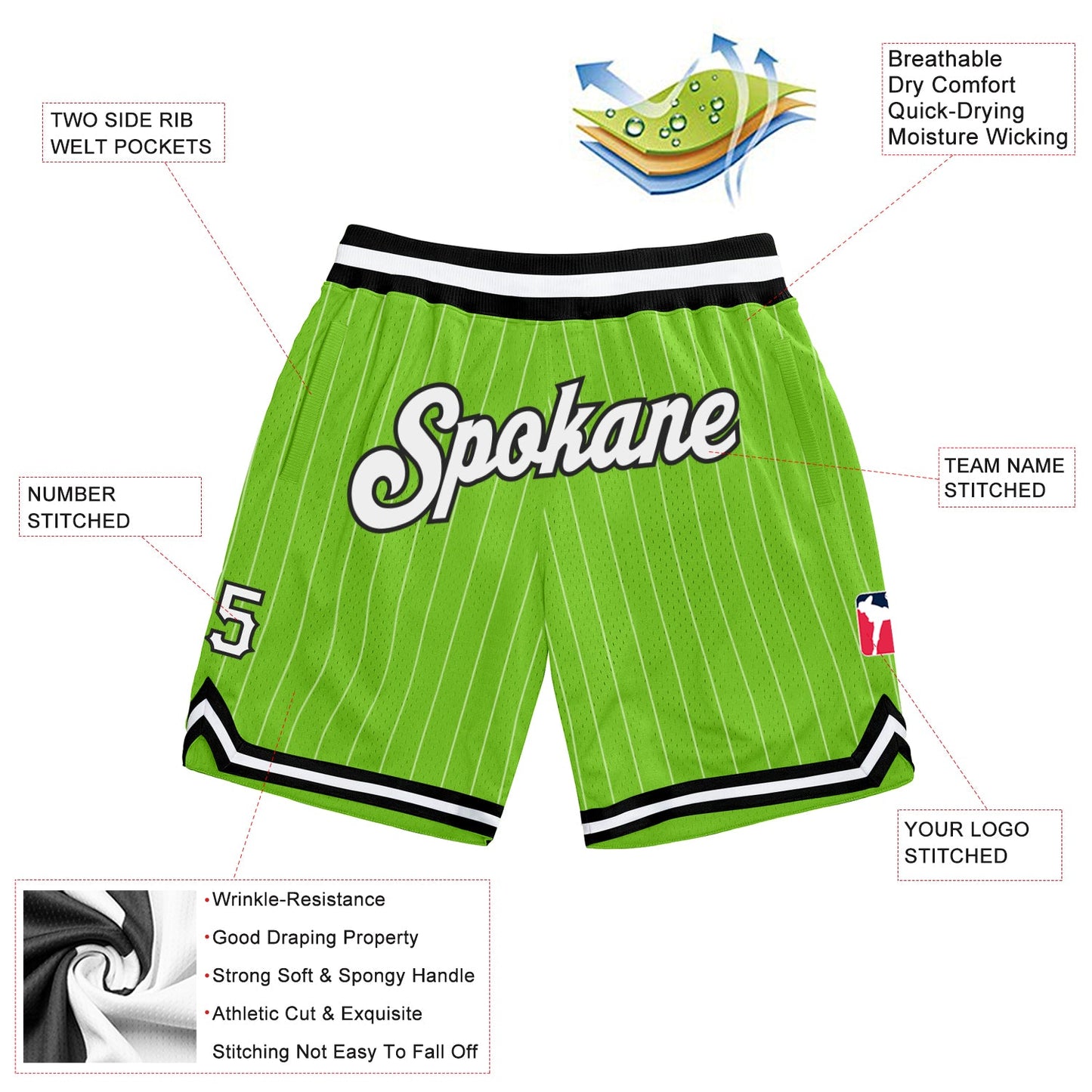 Custom Neon Green White Pinstripe White-Black Authentic Basketball Shorts view 2