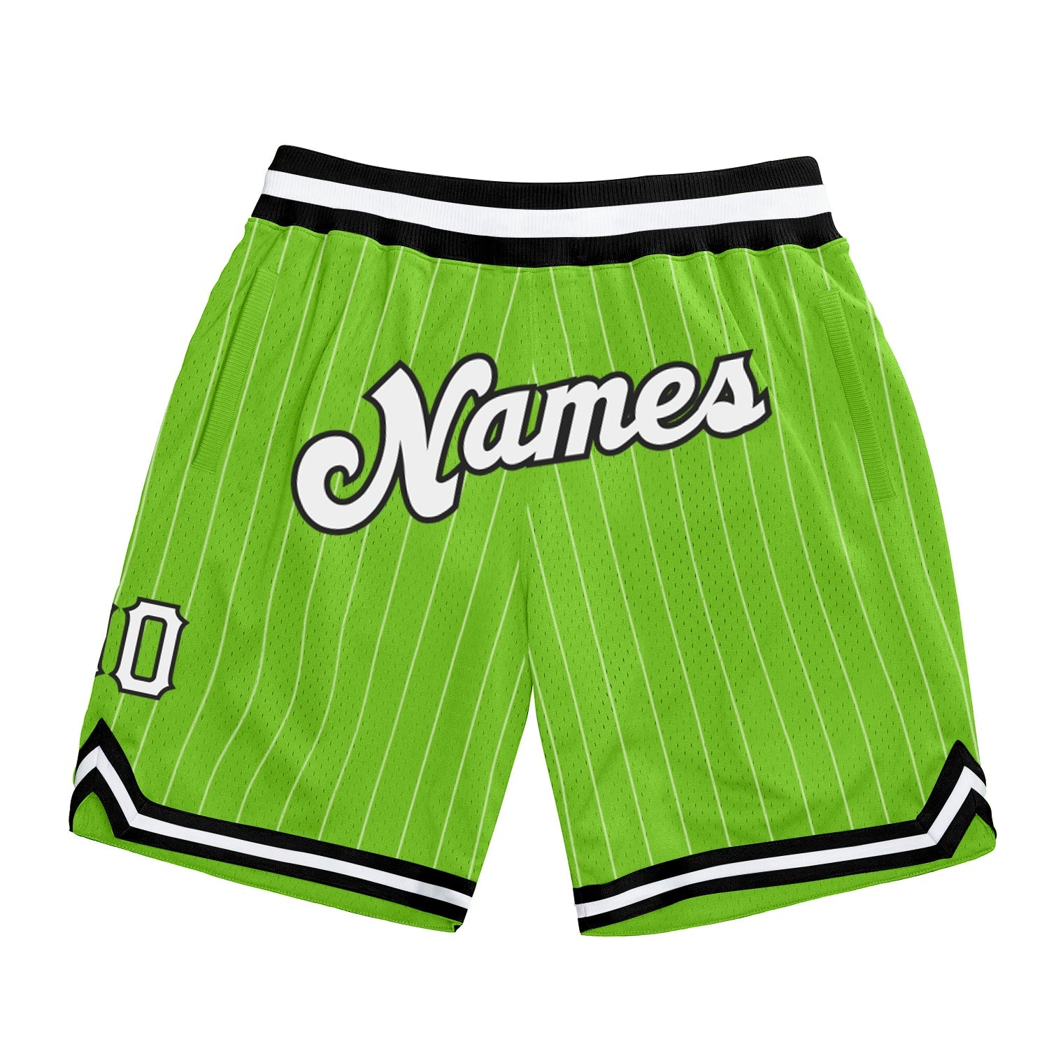 Custom Neon Green White Pinstripe White-Black Authentic Basketball Shorts - Main View