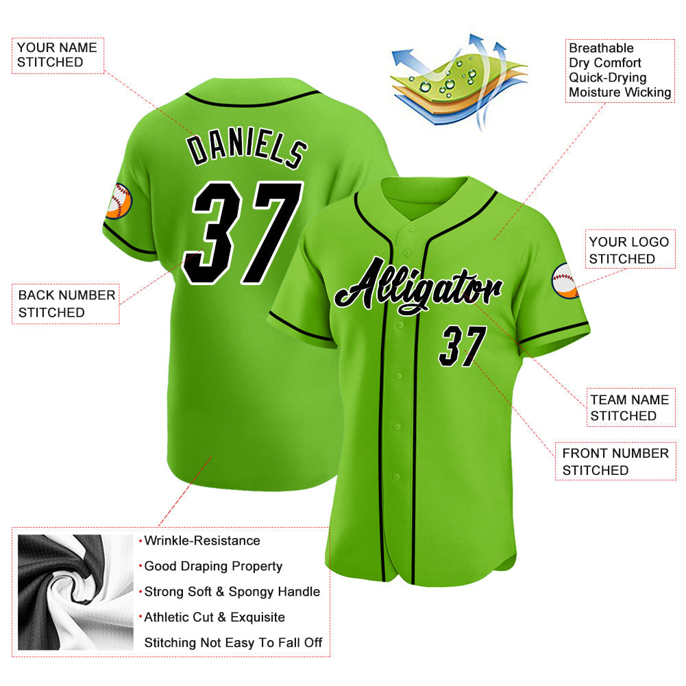 Custom Neon Green Black-White Authentic Baseball Jersey view 3