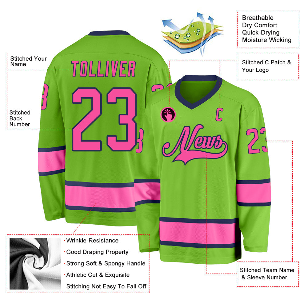 Custom Neon Green Pink-Navy Hockey Jersey view 2