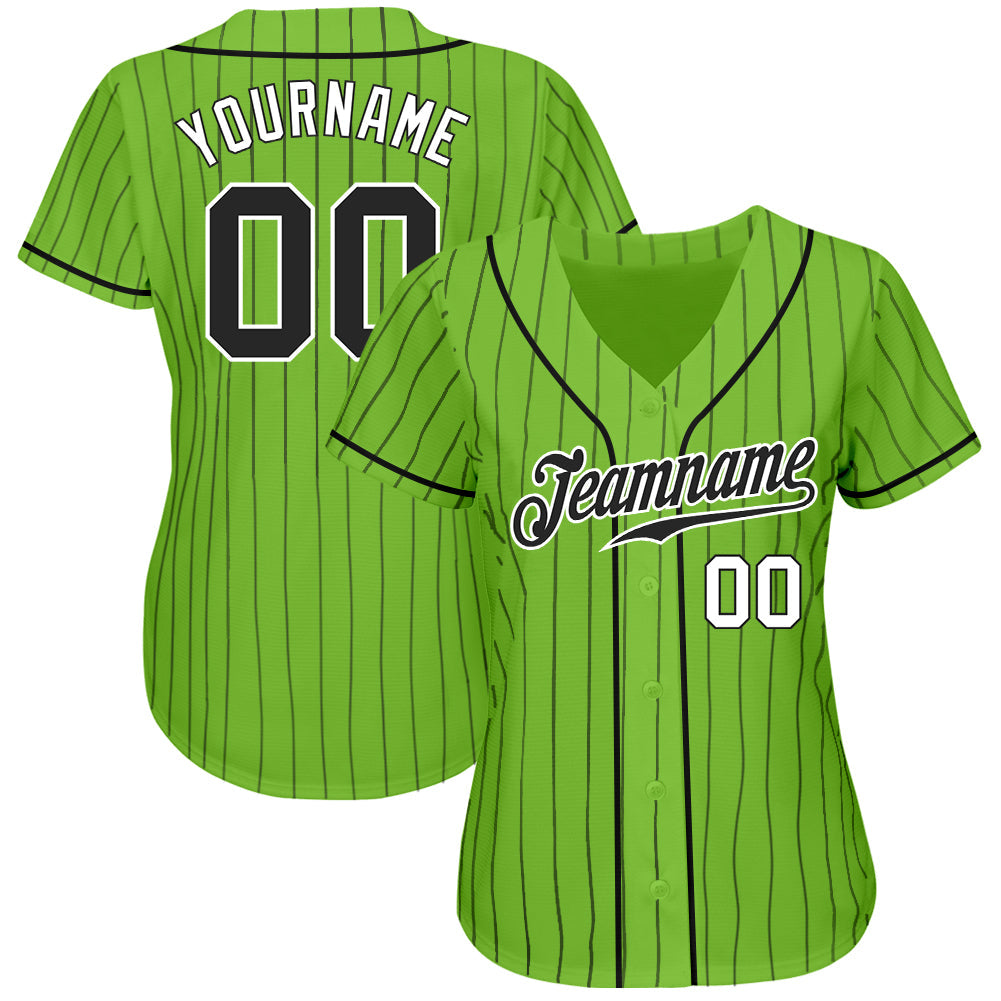 Custom Neon Green Black Pinstripe Black-White Authentic Baseball Jersey view 3