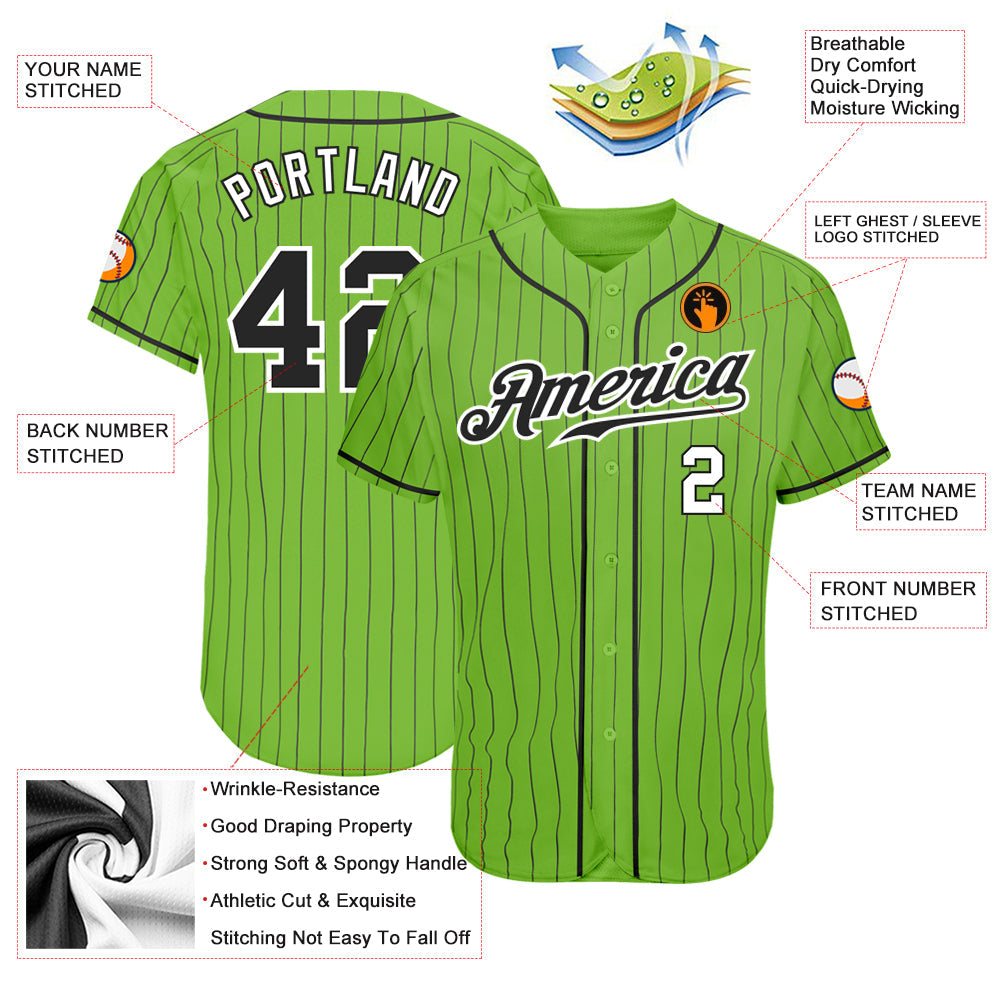 Custom Neon Green Black Pinstripe Black-White Authentic Baseball Jersey view 4