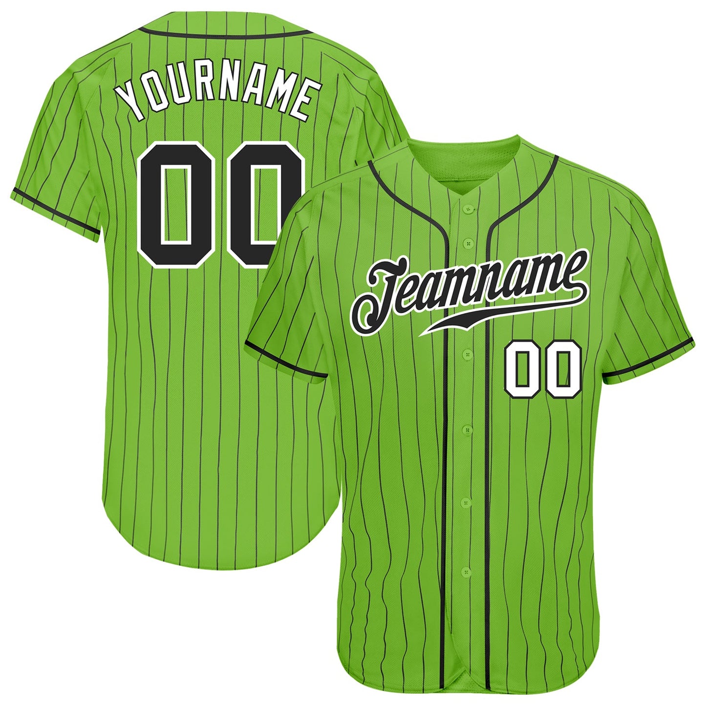 Custom Neon Green Black Pinstripe Black-White Authentic Baseball Jersey - Main View