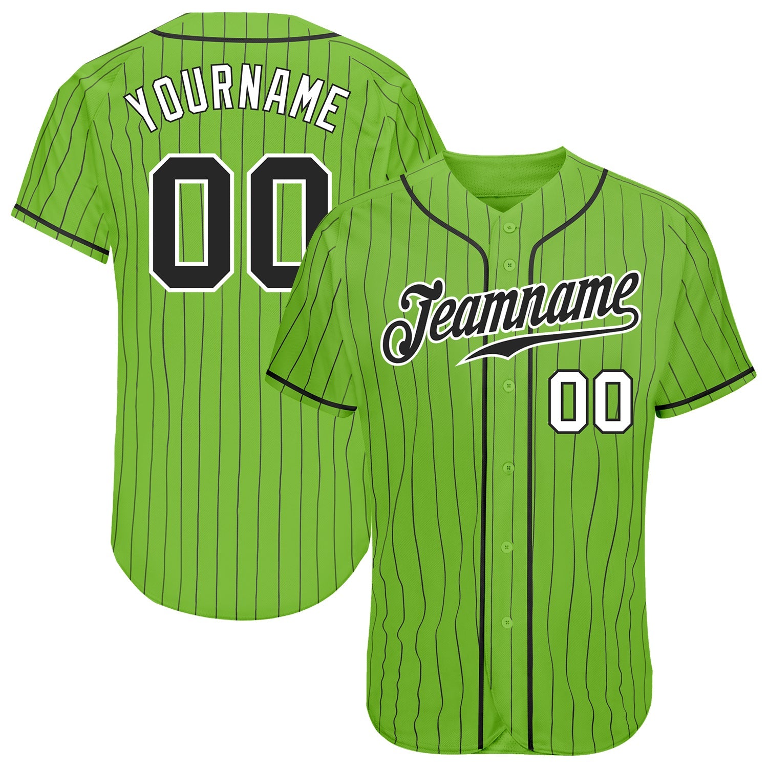 Custom Neon Green Black Pinstripe Black-White Authentic Baseball Jersey - Main View
