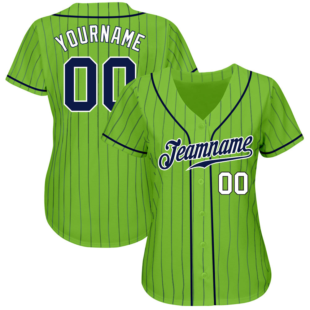 Custom Neon Green Navy Pinstripe Navy-White Authentic Baseball Jersey view 2