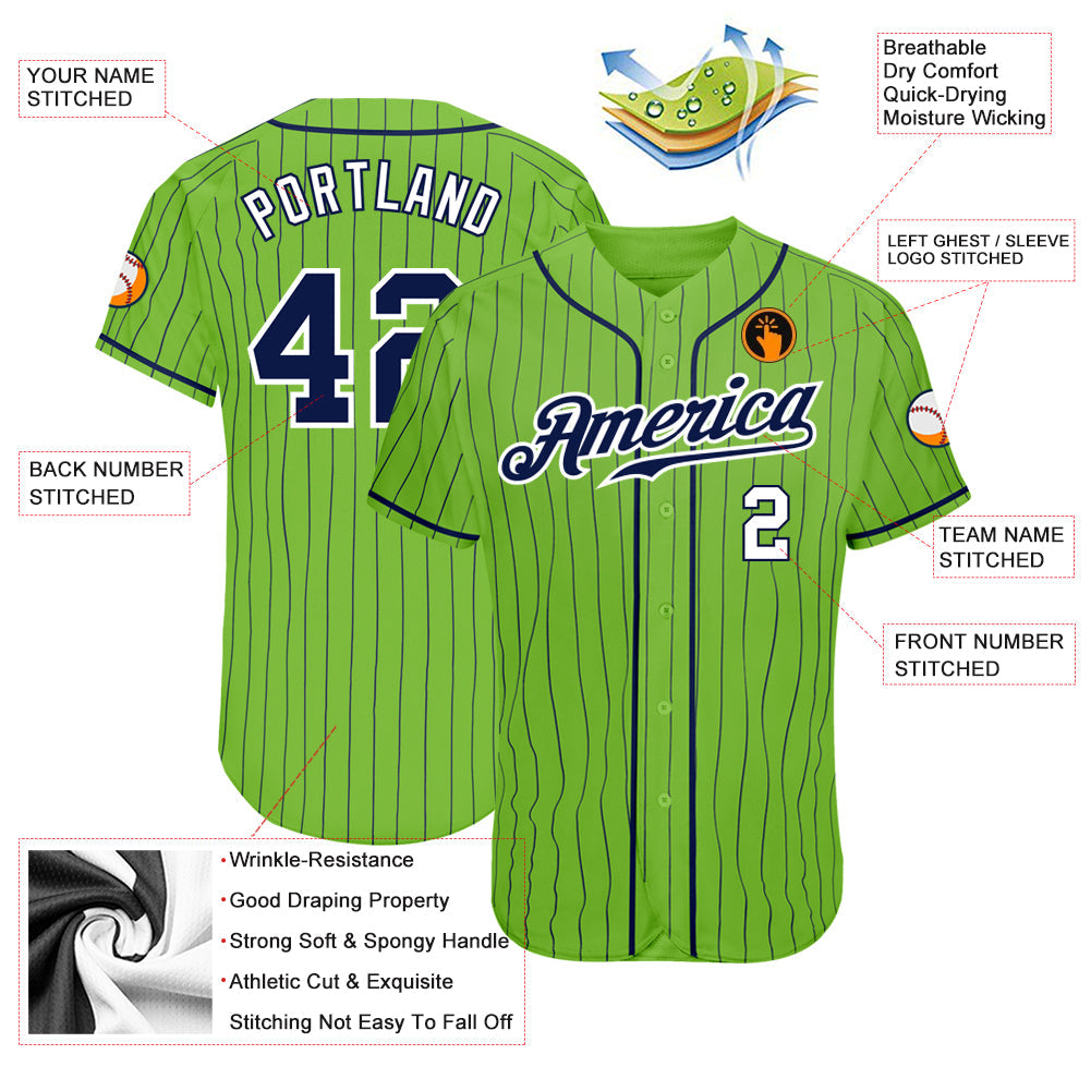 Custom Neon Green Navy Pinstripe Navy-White Authentic Baseball Jersey view 3