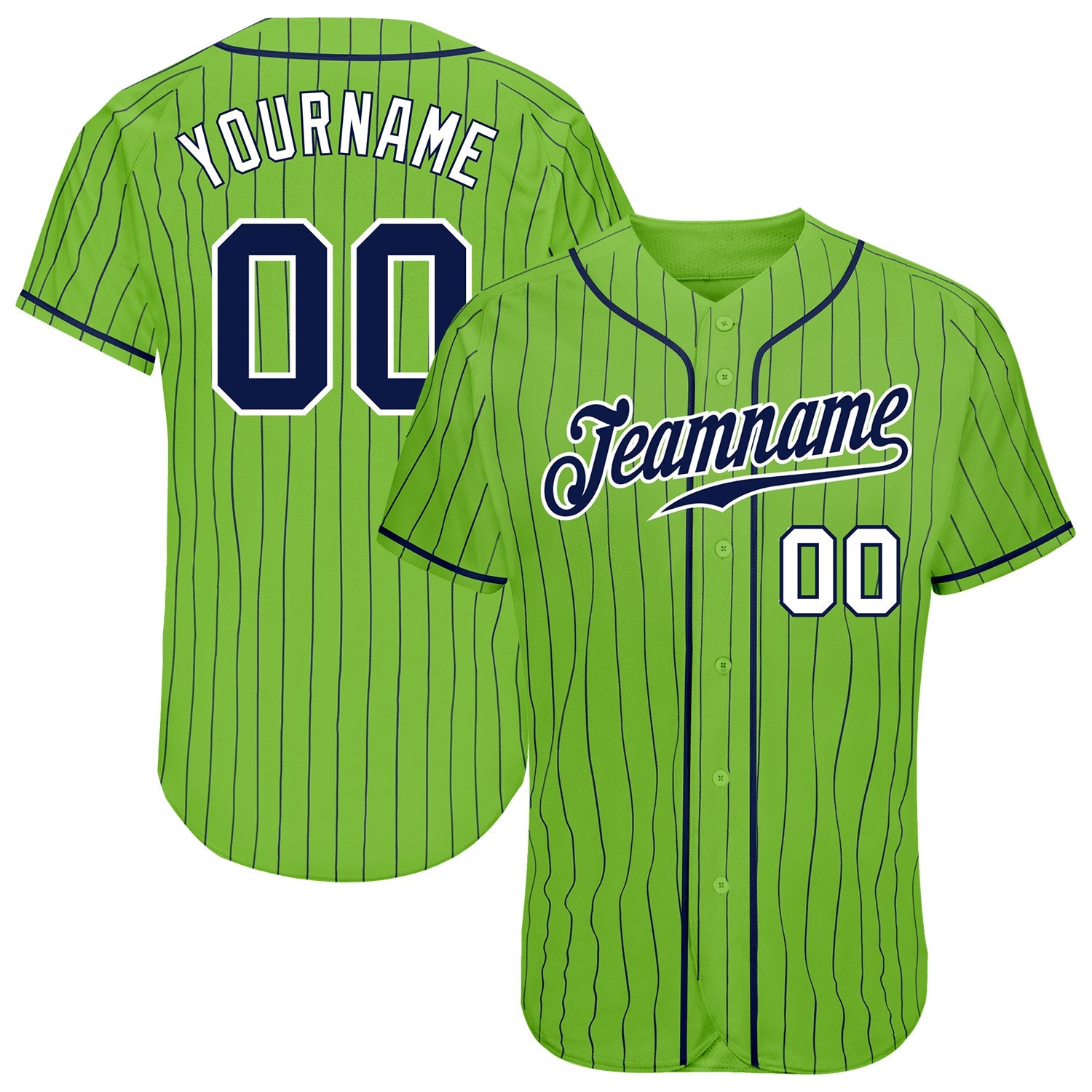 Custom Neon Green Navy Pinstripe Navy-White Authentic Baseball Jersey - Main View