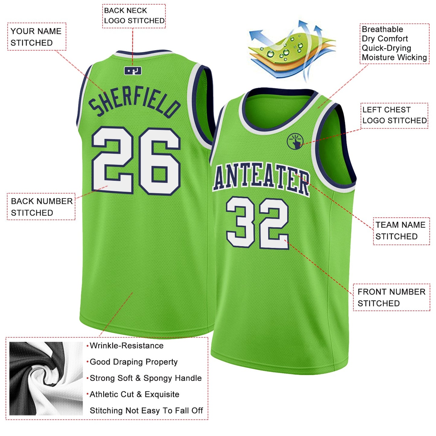 Custom Neon Green White-Navy Authentic Basketball Jersey view 2