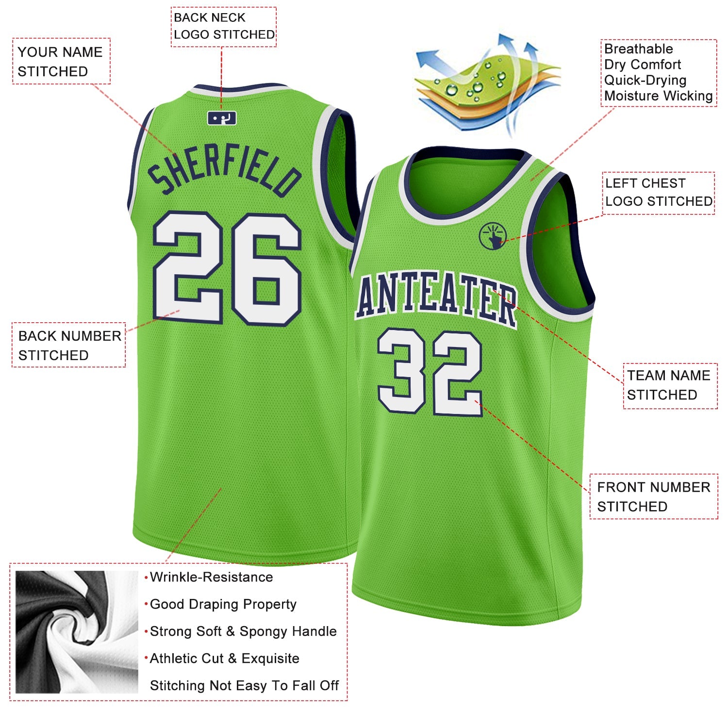 Custom Neon Green White-Navy Authentic Basketball Jersey view 2