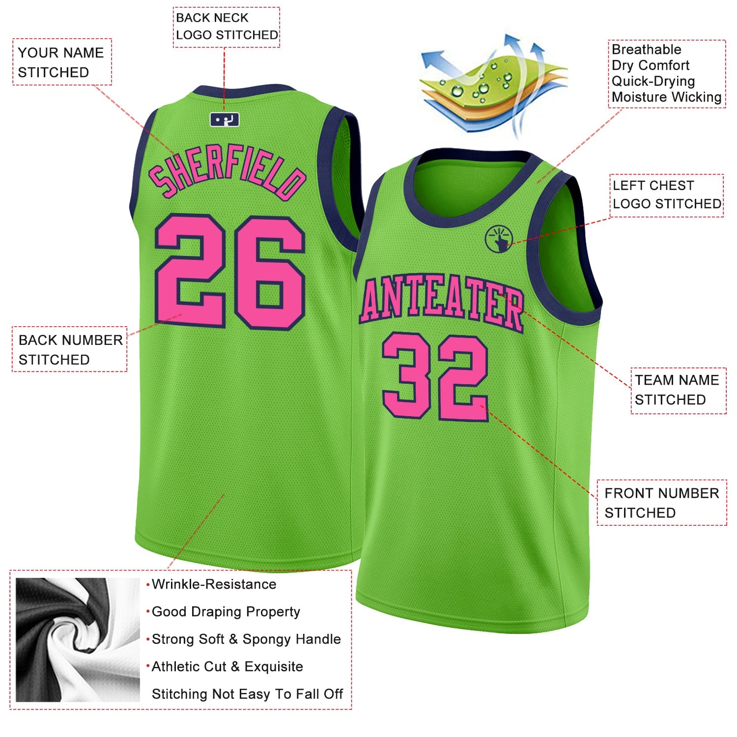 Custom Neon Green Pink-Navy Authentic Basketball Jersey view 2