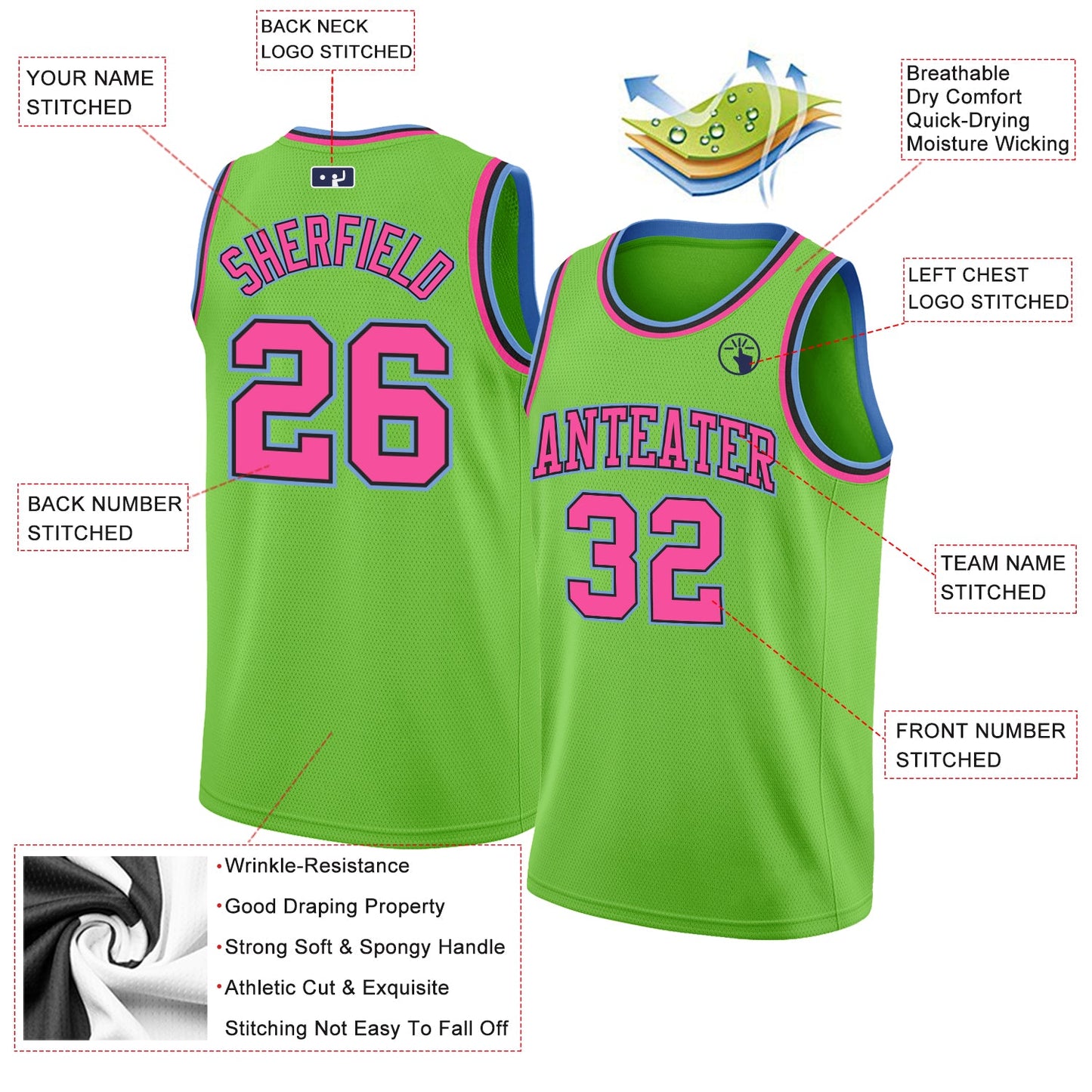 Custom Neon Green Pink-Light Blue Authentic Basketball Jersey view 3
