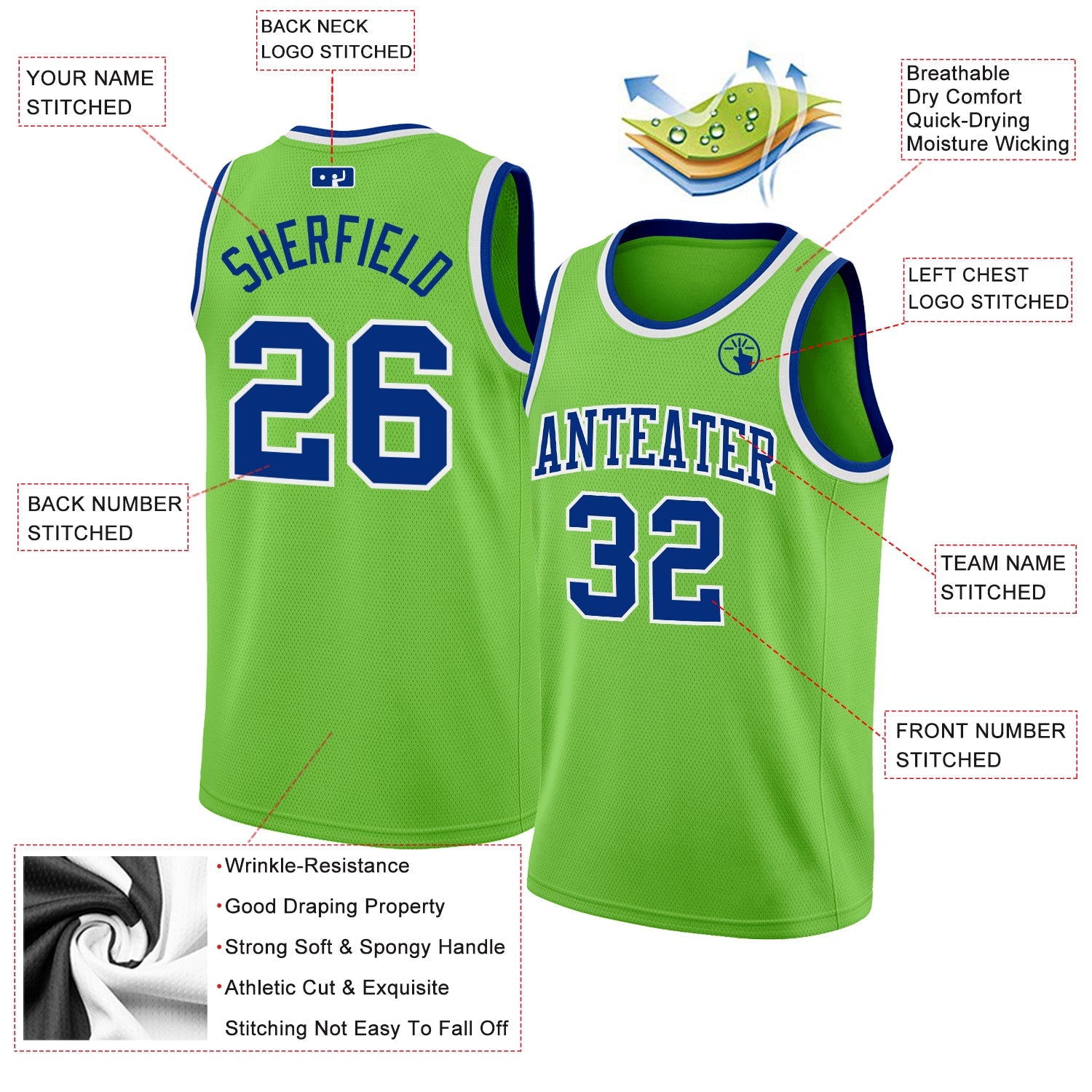 Custom Neon Green Royal-White Authentic Basketball Jersey view 2